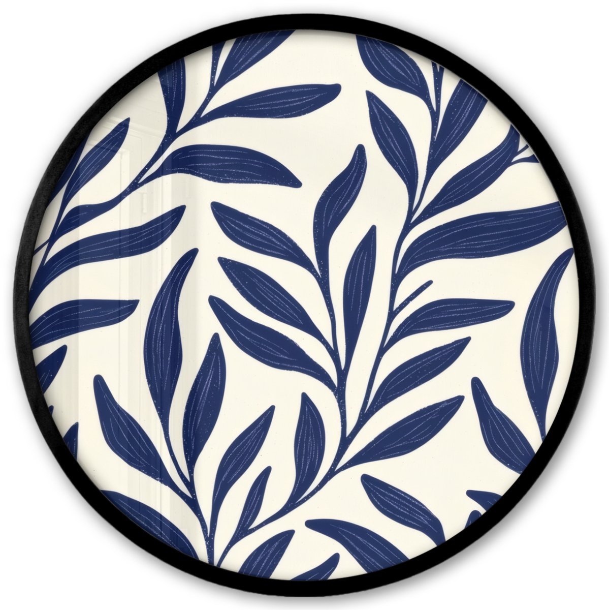 FrameYourWall Poster in lijst Rond - Fotolijst 40x40 cm - Posters - Bladeren - Klimop - Donkerblauw - Ronde posterlijst zwart - Decoratie - Wanddecoratie woonkamer - Muurdecoratie slaapkamer