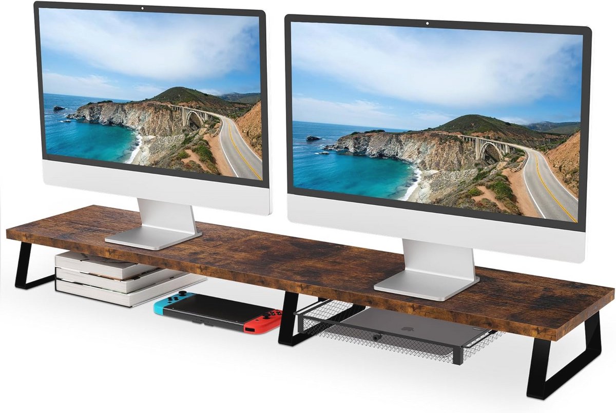 Grote Houten Monitorstandaard voor 2 Monitoren met Opbergmogelijkheden