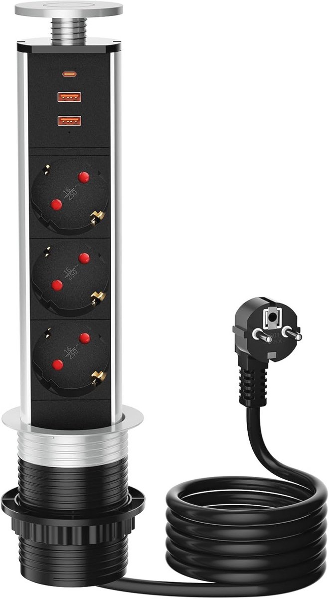 Tafelstopcontact met 3 Vakken en USB-C voor Kantoor en Keuken, Intrekbaar met 1.8m Kabel