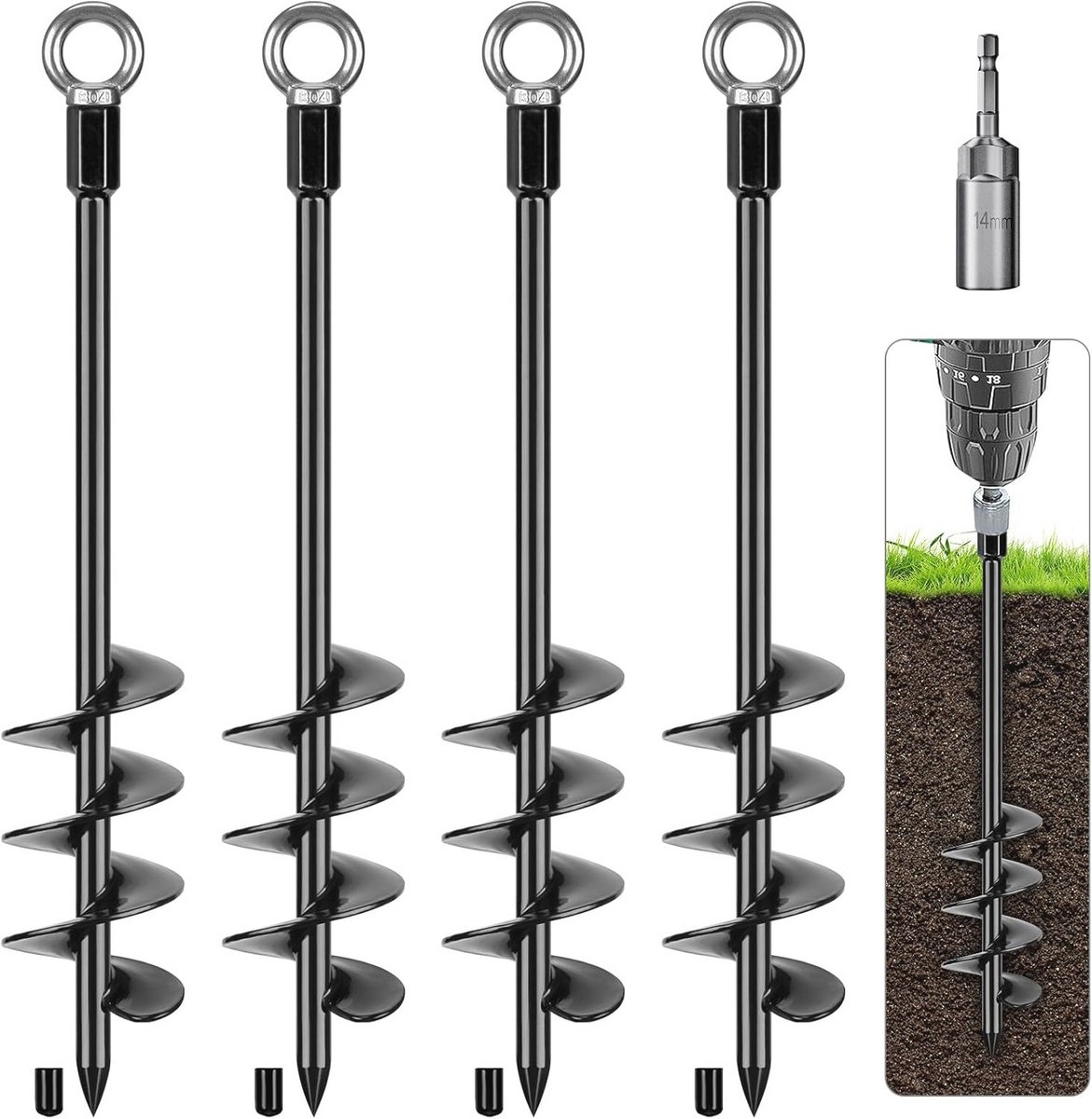 Heavy Duty Tent Pegs 47cm voor Trampoline en Camping - 4 Stuks Metalen Spiraal Grondankers met Opbergtas
