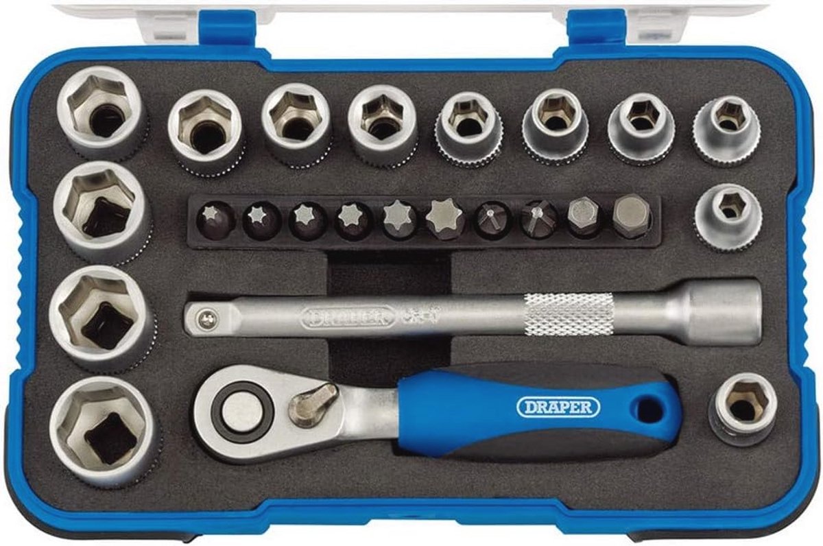 Socket Wrench Set 1/4 Inch - 25 Piece Metric Tool Set with Soft Grip Ratchet