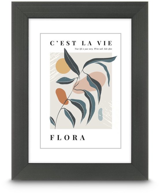 Lijst met botanische print 'Flora' met tekst 'C'EST LA VIE' en abstracte oranje en blauwe vormen.
