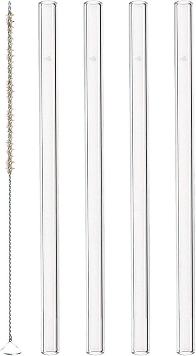 Set van 4 Herbruikbare Glazen Rietjes (15 cm) Inclusief Reinigingsborstel, Transparant