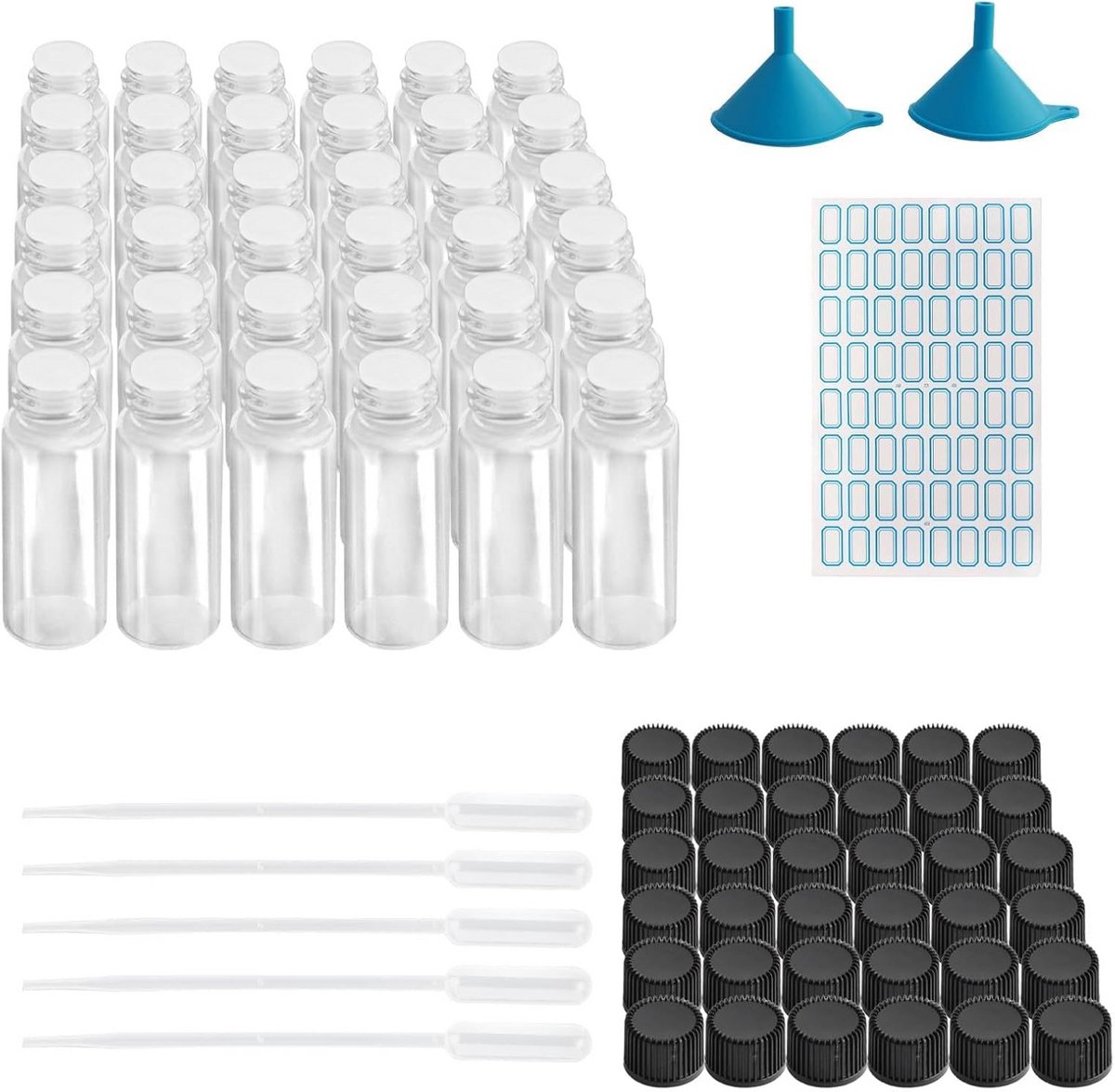 Set van 36 Kleine Navulbare Glazen Flesjes 5ml met Druppelaars en Stickers