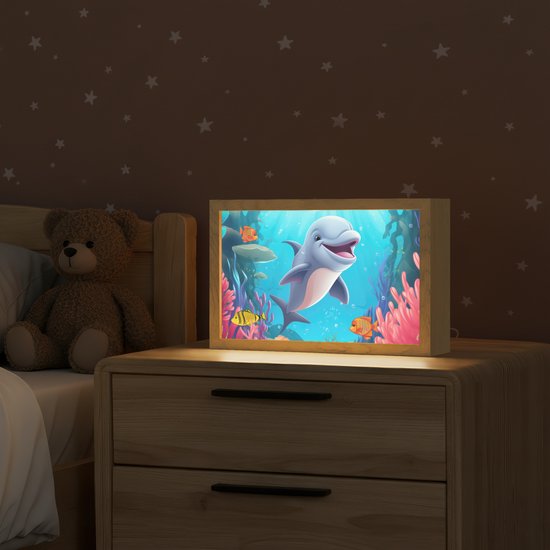Nachtlampje 30x20 cm - Kinder lamp - Dolfijn - Zeedieren - Onderwater - Kinderen - Meisjes - Tafellamp kinderkamer - Slaapkamer lamp - Bedlamp kinderen - Kinderlampje stopcontact - Wandlamp babykamer - Nachtlampjes van Merkloos — afbeelding 2