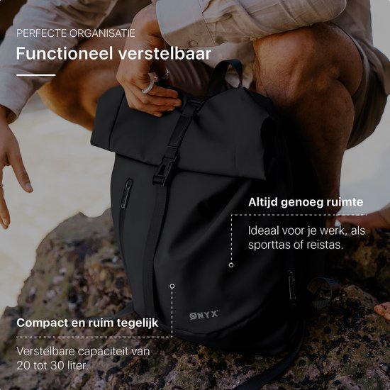 ONYX Sac à Dos Rolltop 25 à 40 L - Avec Compartiment pour Ordinateur Portable - Sac à Dos Réglable - Sac de Voyage - Résistant à l'Eau et Durable - Noir