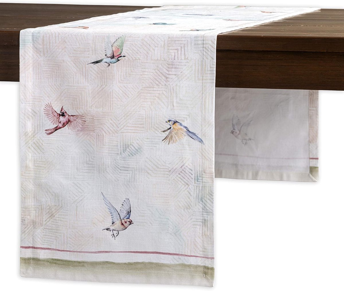 Stunq® Lente/zomer tafelloper, 100% katoen, decoratief, wasbare tafelloper, paastafelloper voor dineren, buffetfeesten en bruiloften - vliegende vogels (50 cm x 150 cm)