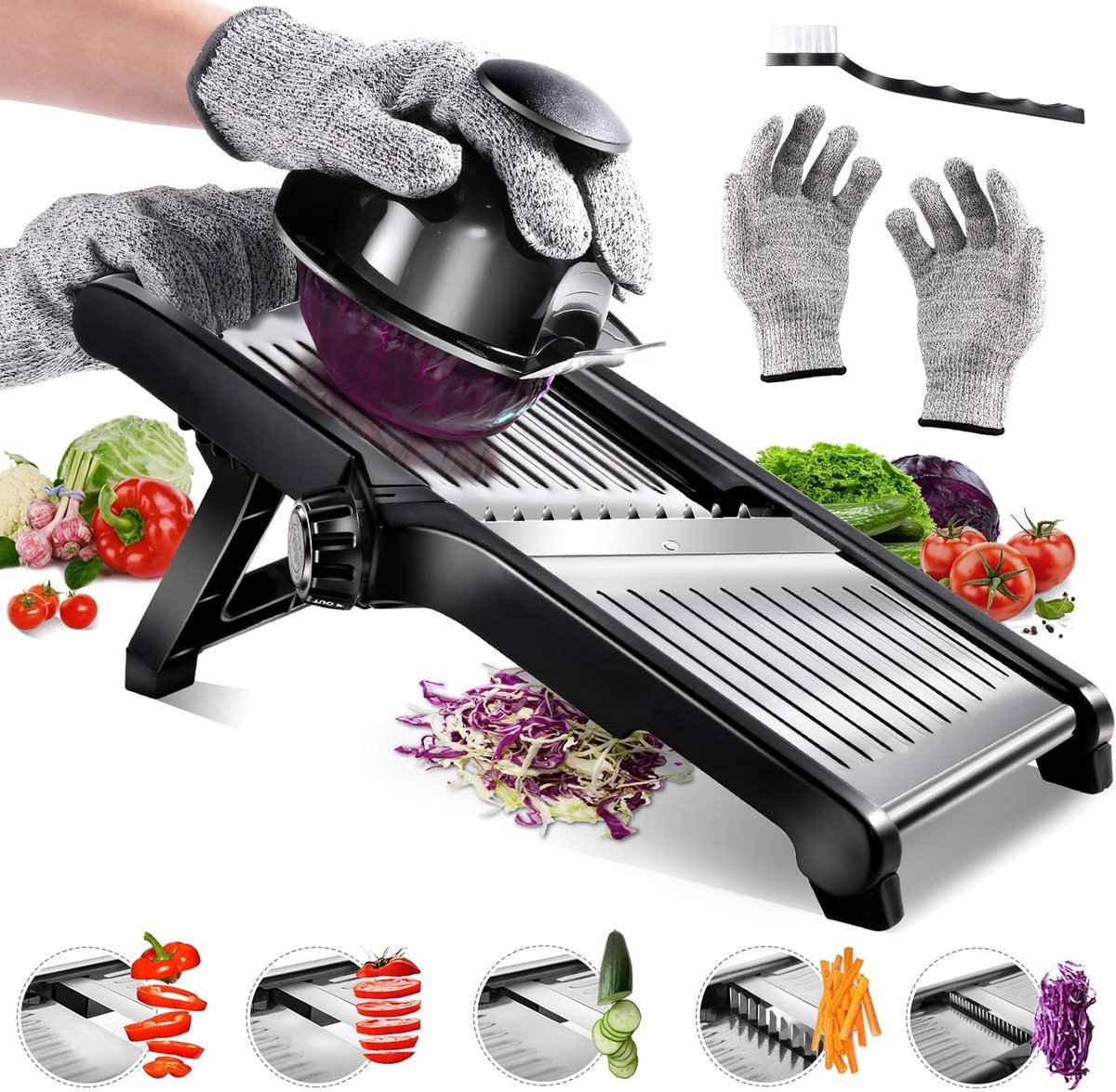 Stunq® Verstelbare Groentesnijder Mandoline met RVS Messen - Inclusief Veiligheids Handschoenen en Reinigingsborstel
