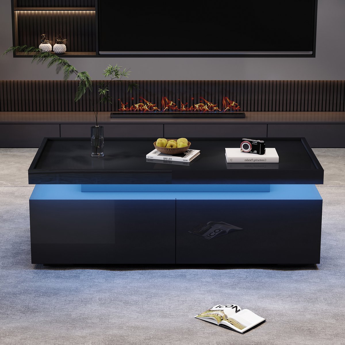 REDOM Salontafel 95x45x35 cm van spanplaat met hoogglans en LED, modern minimalistisch design Zwart