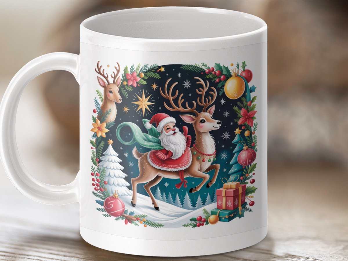 Mok Kerstman Rendier, Feestelijke Kerstmok, Kerstdecoratie Mok, Cadeau Ideeen, Kerst Cadeau, Unieke Kerstmok, Kerst Rendier Thema