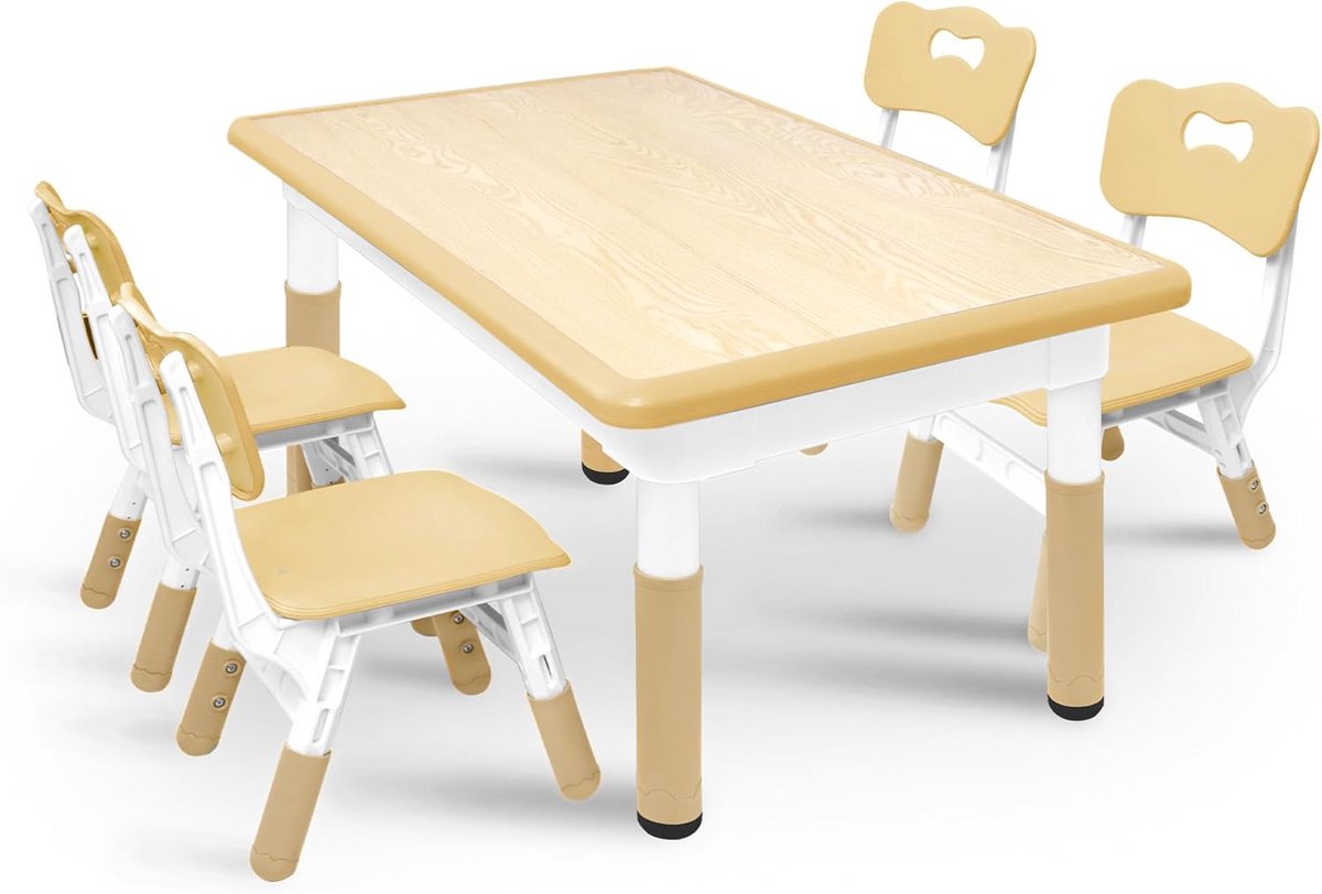 In Hoogte Verstelbare Kindertafel met 4 Stoelen Set - Duurzaam Kunststof Speeltafel voor K