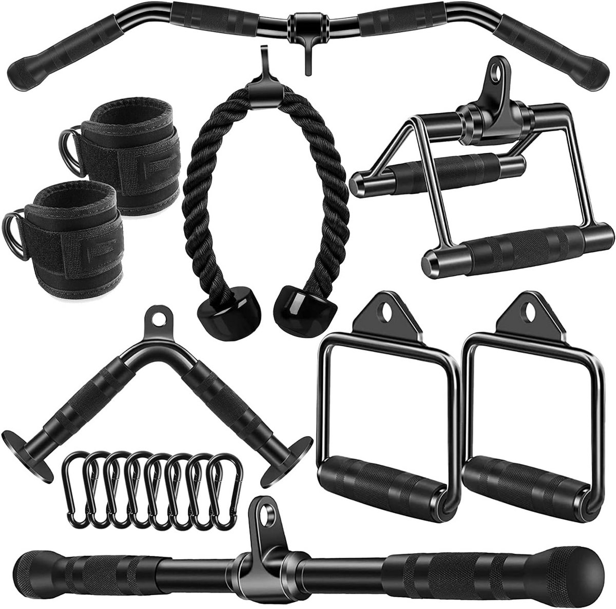 Kabelmachine Accessoires Set - Sportschool Bevestigingen - Kracht Training - Ergonomische Grijpers - 17 Delig - Zwart
