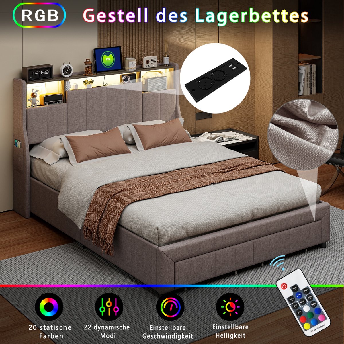 Modern tweepersoonsbed met 2 lades en hoofdbord, gestoffeerd bed 160 x 200 cm met ledverlichting en USB-oplaadpunt, tweepersoonsbed met lattenbodem, linnen, grijs (160 x 200 cm)