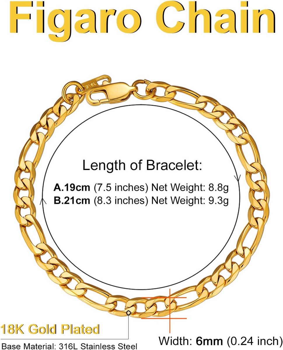 Figaro Armband Dames en Heren - 6mm Schakelarmband in Roestvrij Staal - Goud, Zilver of Zwart