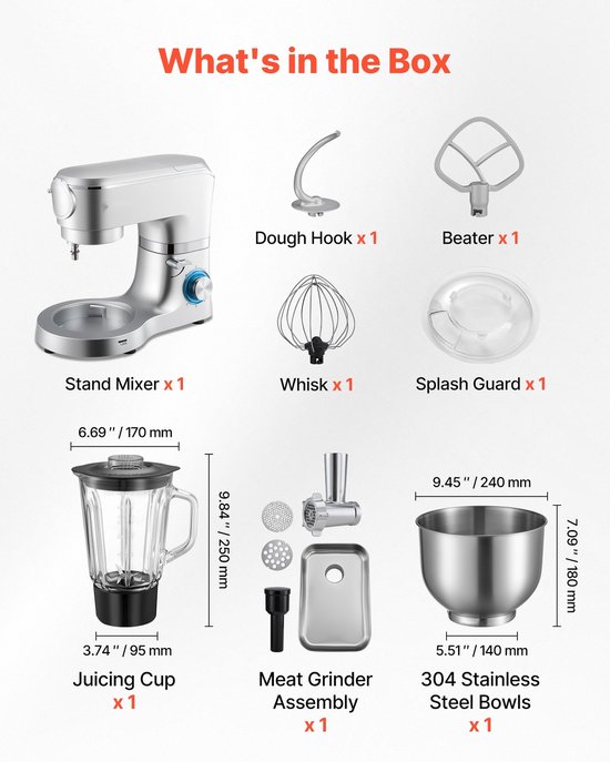 Keukenmachine - Standmixer en Deegmixer - 1500 W - RVS Kom 6 L + Mengkom 1,5 L - 6 Snelheden + Pulse - Deeghaak, Garde en Klopper — afbeelding 3