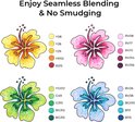Vier hibiscusbloemen in geel, roze, groen en blauw, elk met bijbehorende kleurnamen en nummers.
