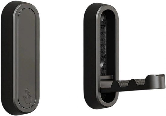Twee zwarte, ovale wandhaken. Eén haak is dichtgeklapt met een hand-icoon.