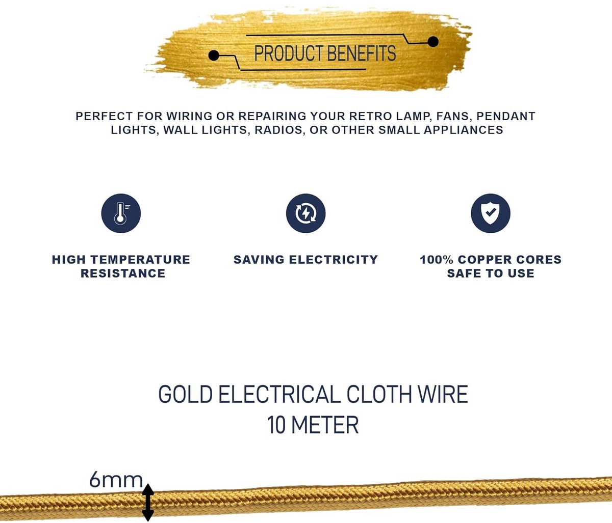 Ronde Stoffen Kabel 5 Meter Goud, Vintage Gevlochten Elektrisch Snoer 0,75 mm²
