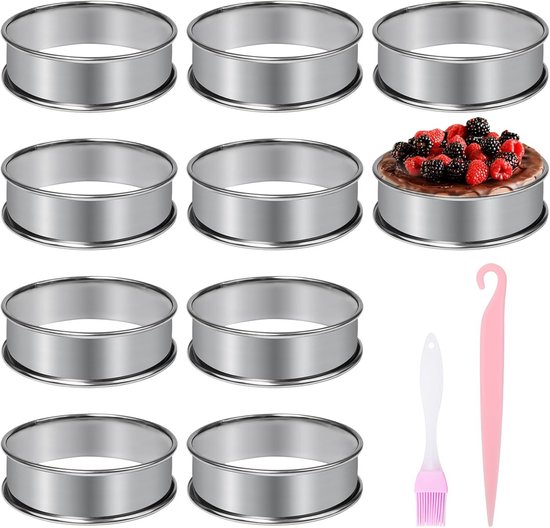 4-delige mini-taartring, roestvrij staal, kleine mousse-ring, ronde taartbakvorm, bestaande uit 3 ringen, 1 levensmiddelpers, als gebakaccessoire voor de mini-taartvorm