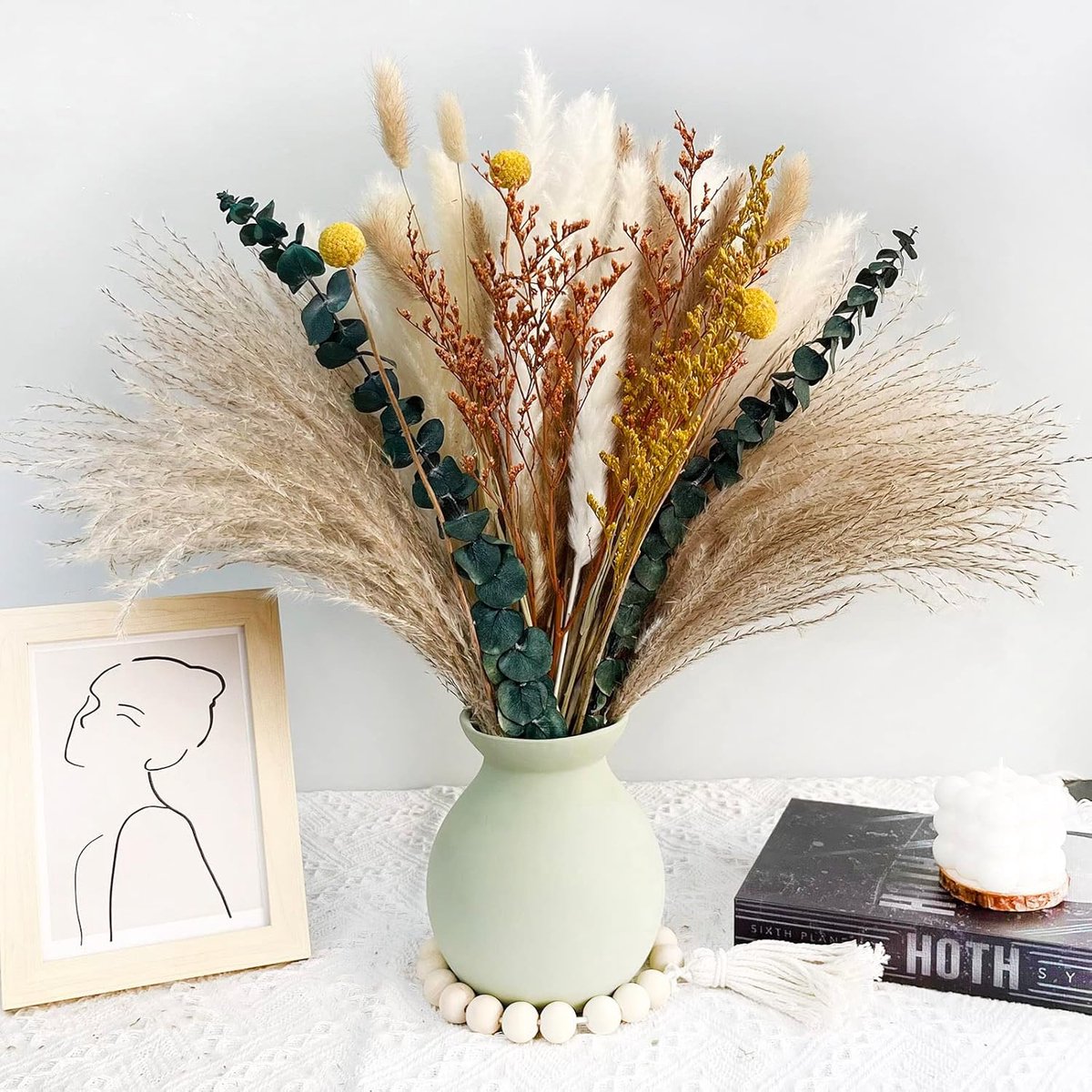 Pampasgras, droogbloemen, decoratie, 115 stuks, natuurlijk pluizig pampasgras, gedroogde set, gedroogde bloemen voor boho-decoratie, woonkamer, tafeldecoratie, hal, slaapkamer, bruiloft, boeket