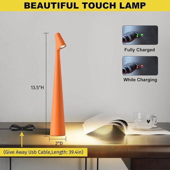 2 Stuks Draadloze Tafellampjes - 3 Helderheidsniveaus, Oplaadbare Batterijlampen voor Buiten, Restaurant, Nachttafeltje & Baby Nachtlampje - Oranje-13.7in van Houdini Brightness — afbeelding 4
