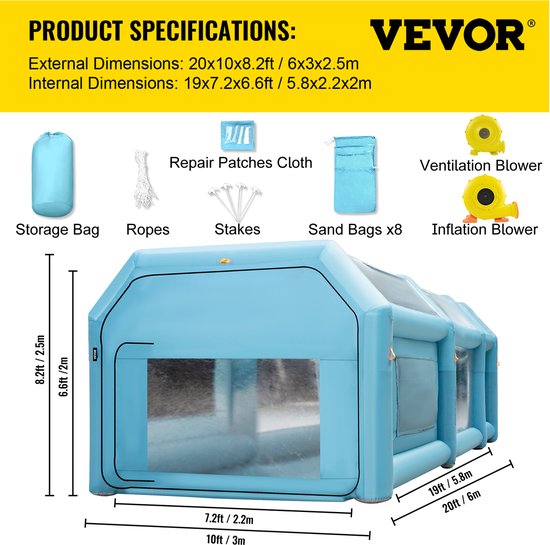 VEVOR Opblaasbare Spuitcabine 6x3x2,5M Werktent Blauw Lakcabine van 210d Oxford-Stof en Pvc met Inflatieventilator en Ventilatieventilator voor Het Schilderen van Auto'S, Kamperen In De Buitenlucht van Merkloos — afbeelding 5