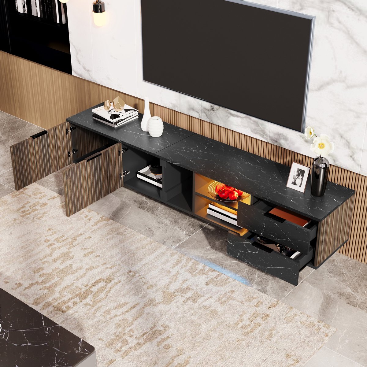 REDOM - TV-meubel - MDF - met lades - 200 x 38 x 50 cm Black,Wood