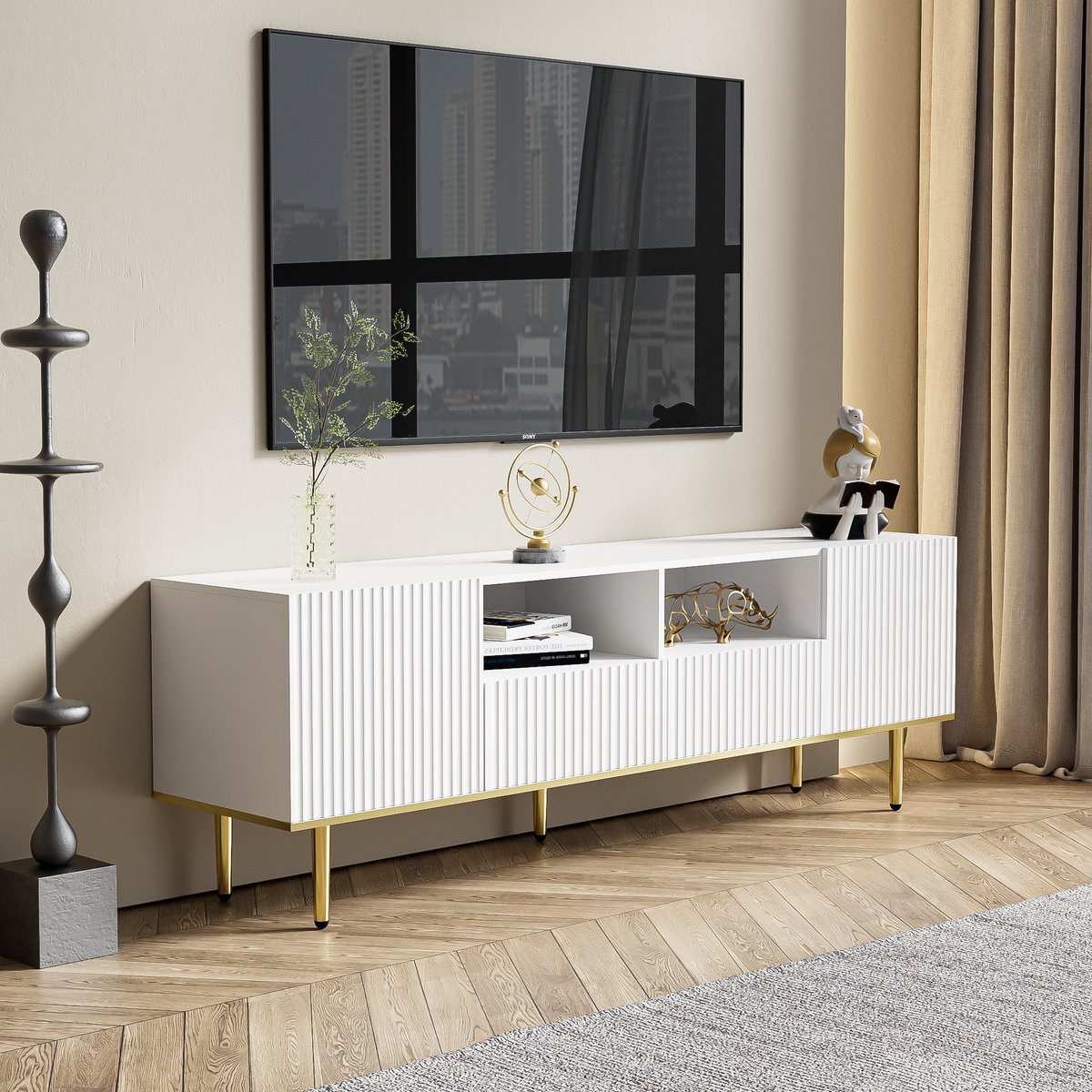 REDOM TV-meubel - Particle board materiaal - met lades en deuren - 165 cm x 36 cm x 55 cm White Wit