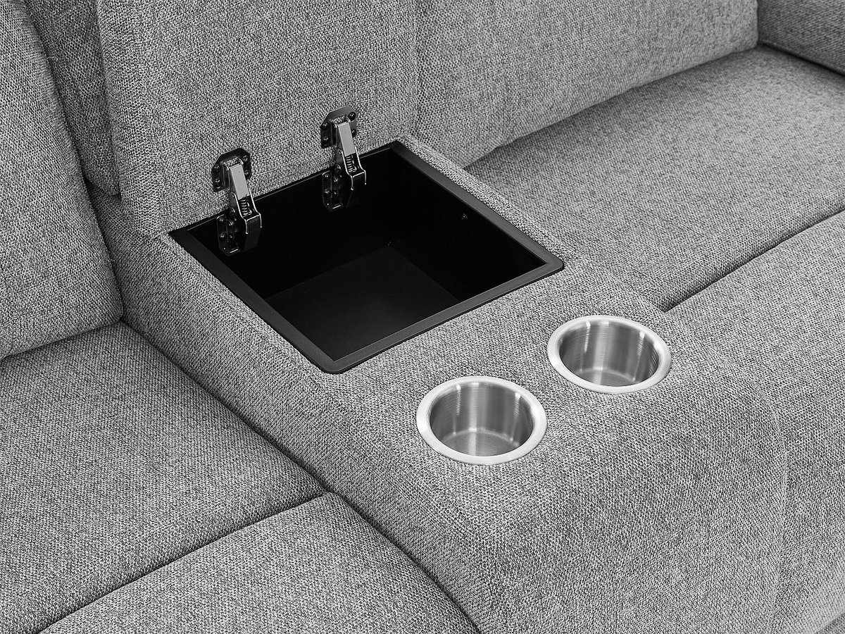 Vente-unique Driezits- en tweezitsbank en een elektrische relaxfauteuil in gespikkelde grijze stof KELUNO