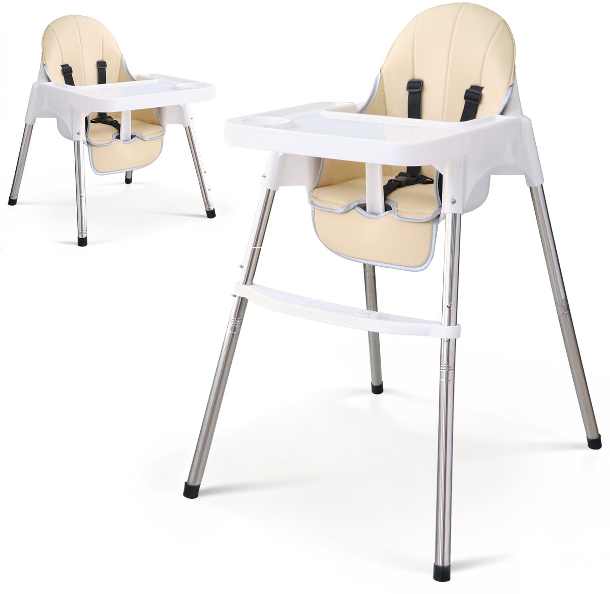 Baby Kinderstoel 2 In 1-Afneembaar kussen-Verstelbare Voetsteun en Tablet-Wit en Beige