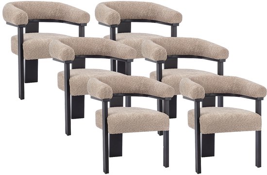 PASCAL MORABITO Set de 6 chaises avec accoudoirs en tissu bouclé et hévéa - Gris taupe et noir - LIVELIA L 64 cm x H 78 cm x P 60 cm