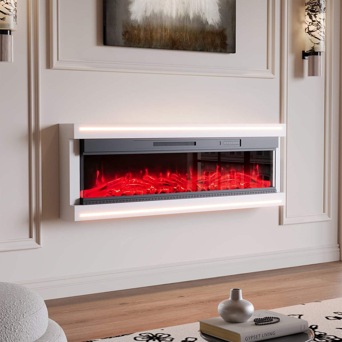 60-inch Wandgemonteerde Elektrische Kachel – 3D LED Vlam Effect (12 Kleuren), 1500W Verwarming, RGB Ambianceverlichting & Afstandsbediening (Wit)