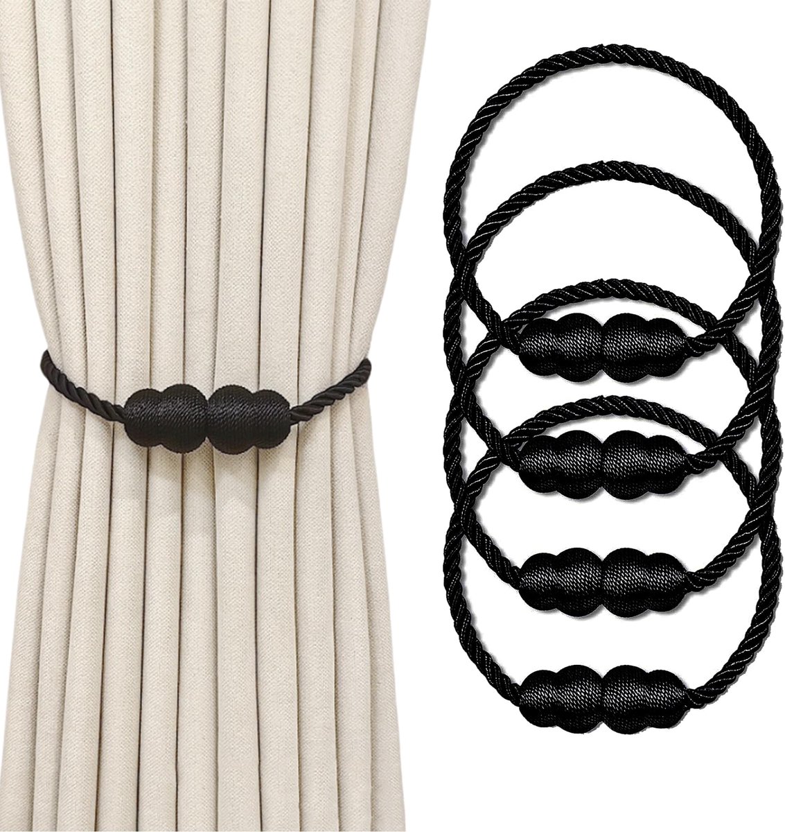 IMPERATORIS® Gordijnhouders - Gordijnclips - Decoratieve Touwen - Geen Boren Nodig - Modern Design - Set van 4 - Zwart - 45 cm