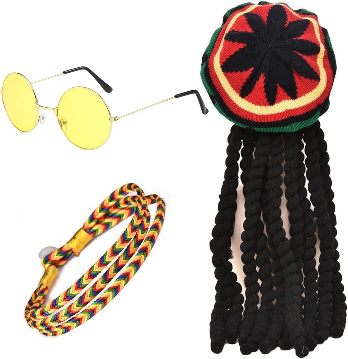 3-delige Rasta Set - Muts met Dreadlocks, Gele Zonnebril en Gevlochten Armband, Polyester Kostuum voor Feest en Carnaval