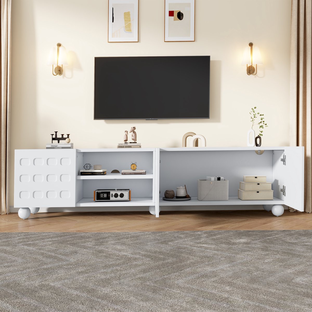 MODFU TV-meubel 200x40x44 cm spaanplaat, wit bedrukte deuren, 3 deuren, halfopen vakken, 5 poten, voor tv tot 80 inch