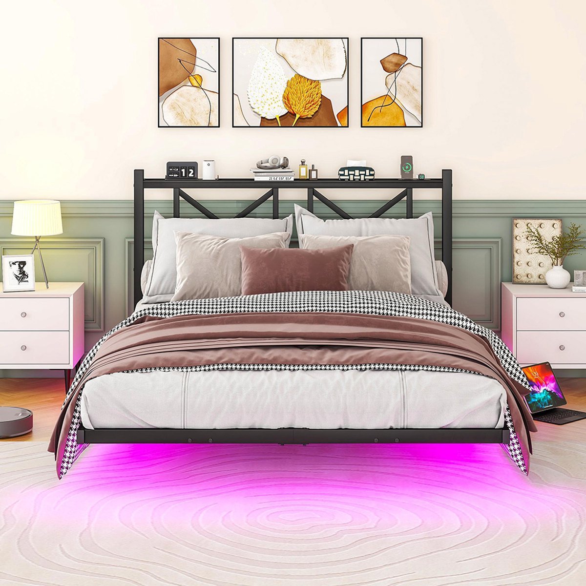 KOMHTOM BLACKCOLORS 140 x 200 cm, tweepersoonsbedframe, bedframe met ledverlichting en oplaadstation, bedframe met hoofdeinde, hangend bedframe, metalen bed, robuust en stabiel tweepersoonsbed, eenvoudige montage (zonder matras) Zwart