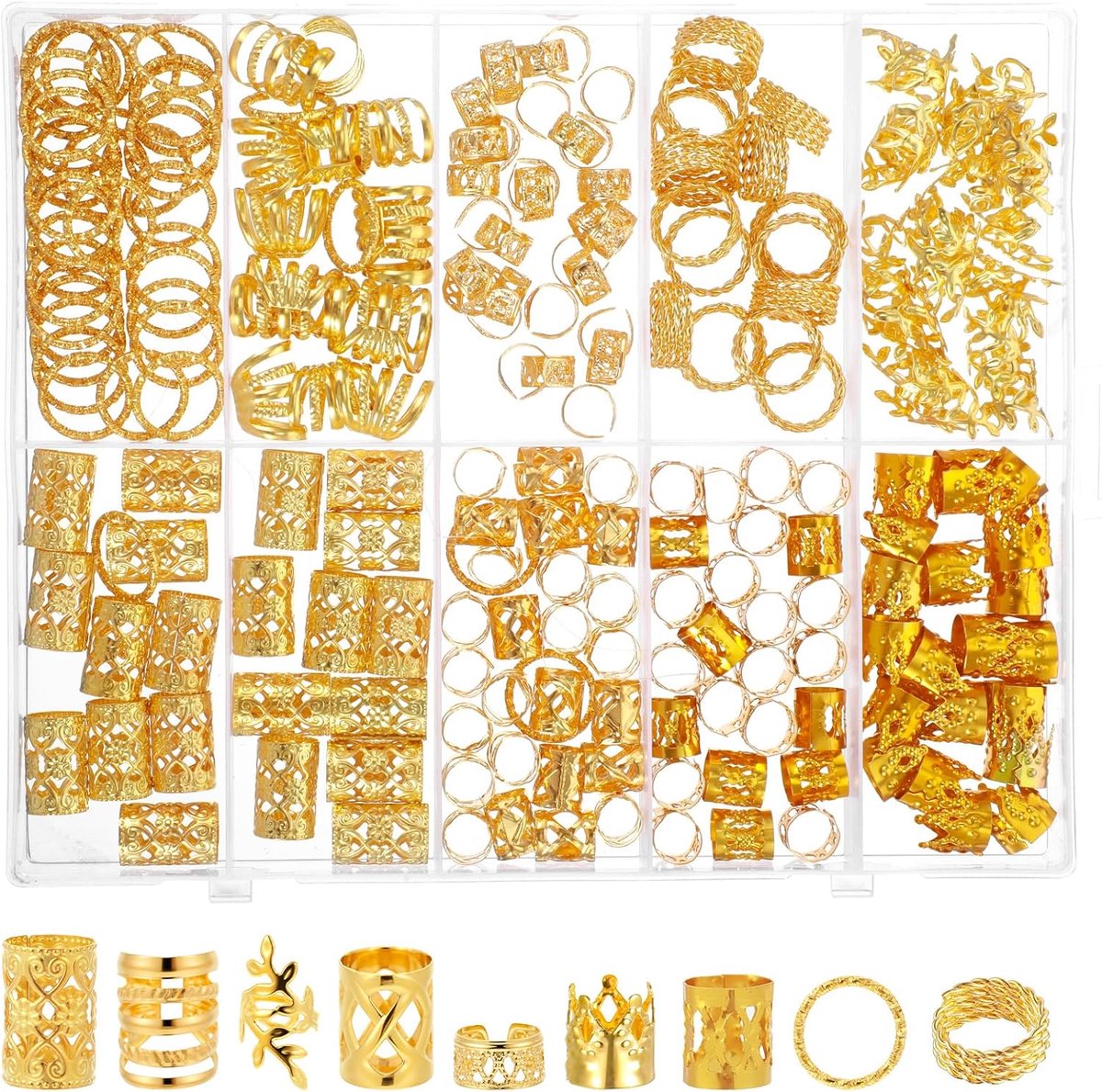 220 Stukjes Gouden Haaraccessoires voor Vlechten - Gouden Dreadlocks Sieraden - Haarringen en Piraten Haaraccessoires - Vlechten Loc Sieraden voor Haar - Verstelbare Cuffs