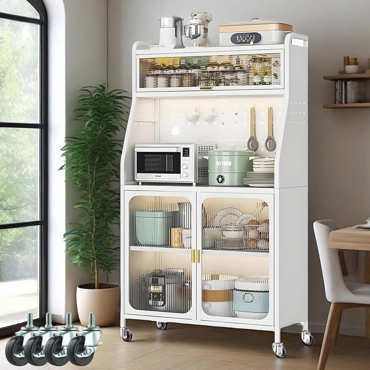 Multifunctionele Keukenkast met Wieltjes en Verstelbare Planken - Buffkast in Wit (86 x 36 x 160 cm)
