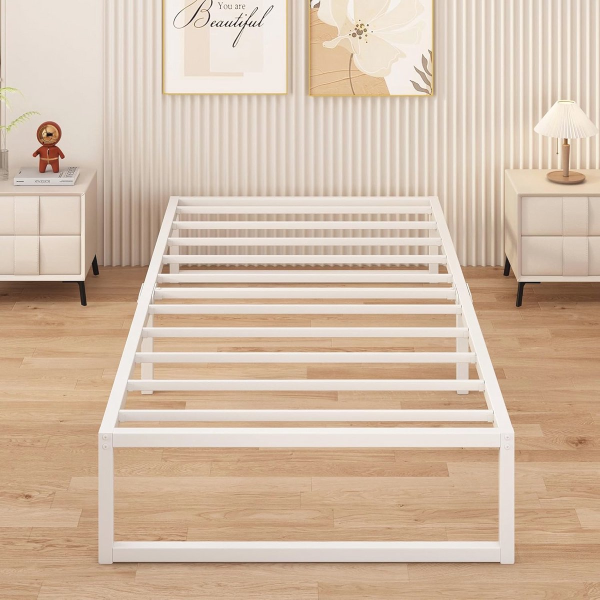 Metalen Enkele Bed 90 x 200 cm met Lattenbodem - Minimalistisch Ontwerp, Geluidloos en Stabiel
