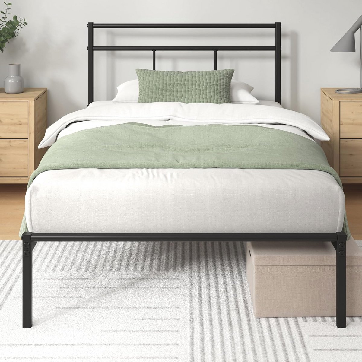 Metalen Bedframe 90 x 190 cm met Hoofdeinde en Opbergruimte - Eenvoudige Montage en Modern Design