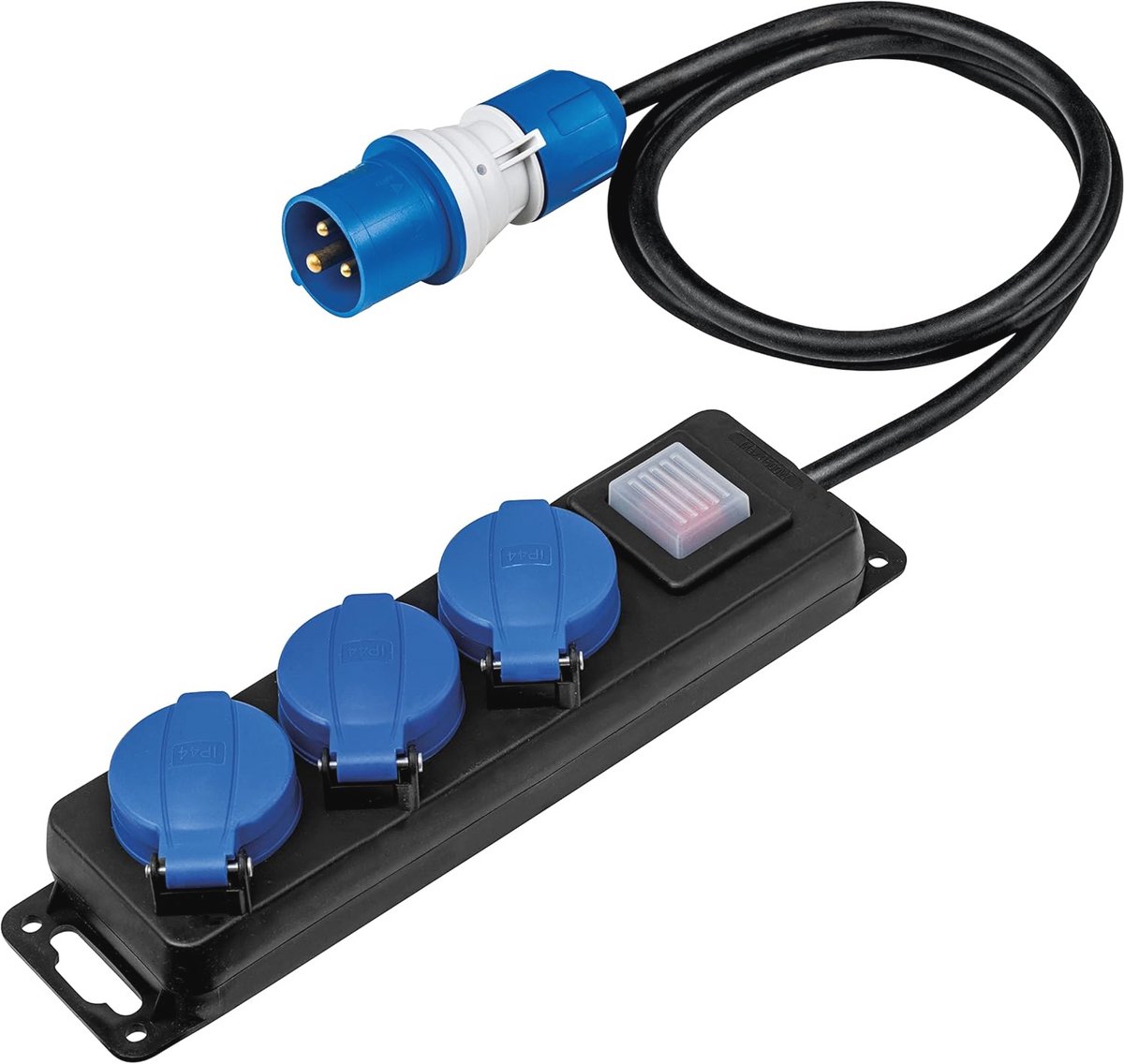 3-Weg Stopcontact Campingstrip met Schakelaars, IP44, 230 V/16 A, 1,5 meter Kabellengte, Zwart