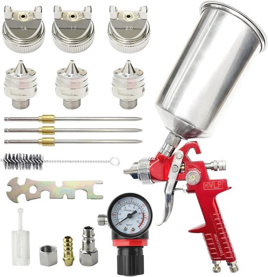 HVLP Lakpistoolset – 3 Sproeiers (1,4/1,7/2 Mm), 600 Ml Beker, Draaibaar Mondstuk – Voor Meubels, Auto’s En Muren
