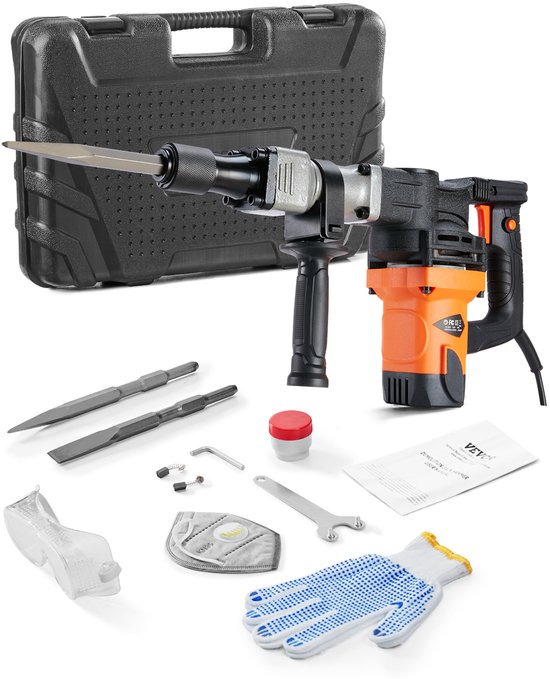 Oranje en zwarte sloophamer met accessoires: beitel, kap, beschermbril, handschoenen en opbergkoffer.