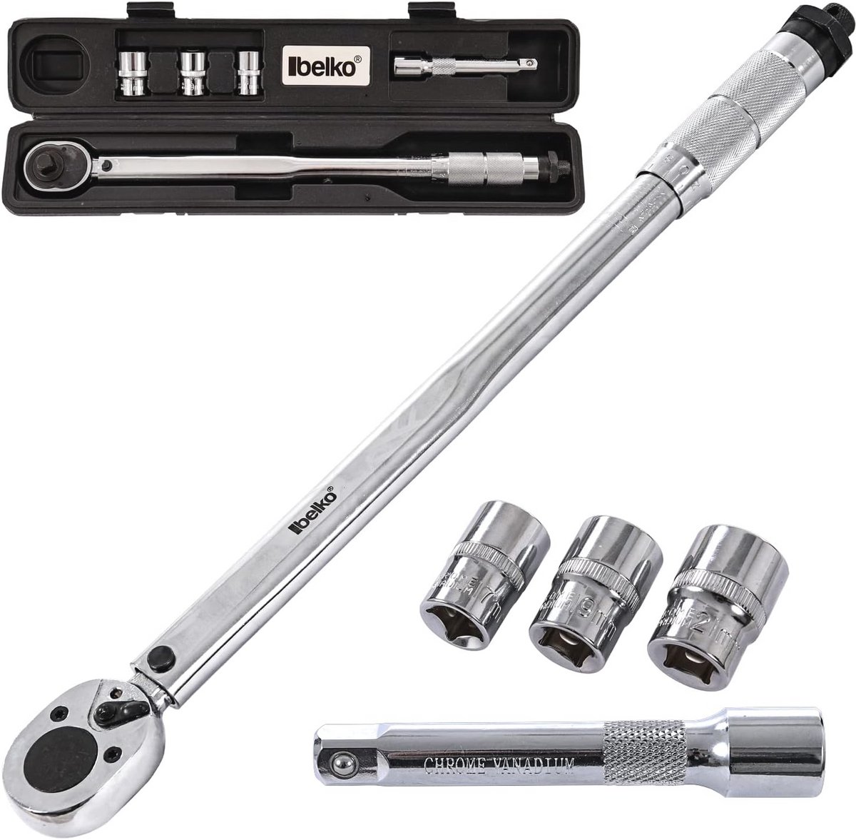 Momentsleutel 6-delig Set 28-210Nm 1/2" CV met dopsleutels en verlenging