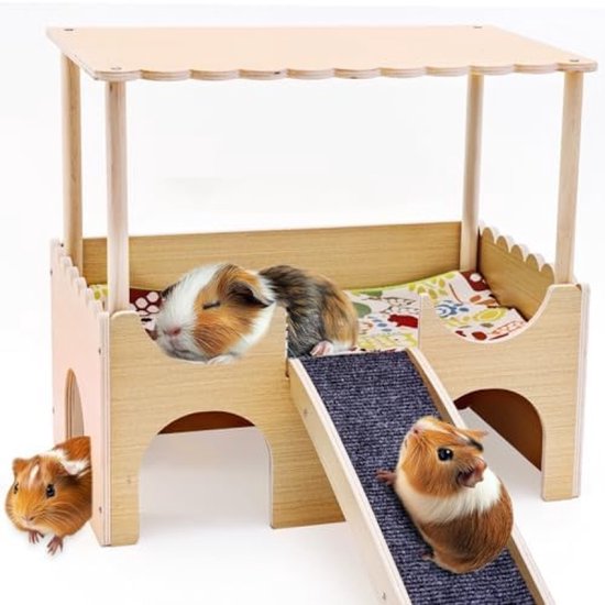 Extra Groot Cavia Kasteel Met Trappen En Matten - Houten Schuilplaats Voor Kleine Dieren