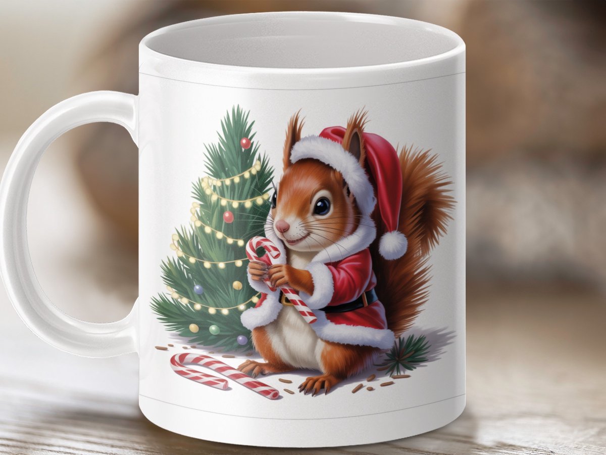 Mok Merry Christmas Eekhoorn, Kerstboom, Candy Cane mok, Feestelijke mok, Dierenvriend mok, Geschenkidee