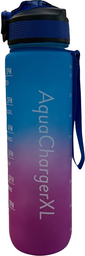 AquaChargerXL waterfles blauw/paars verloop met tijdmarkering, rietje en blauw handvat.