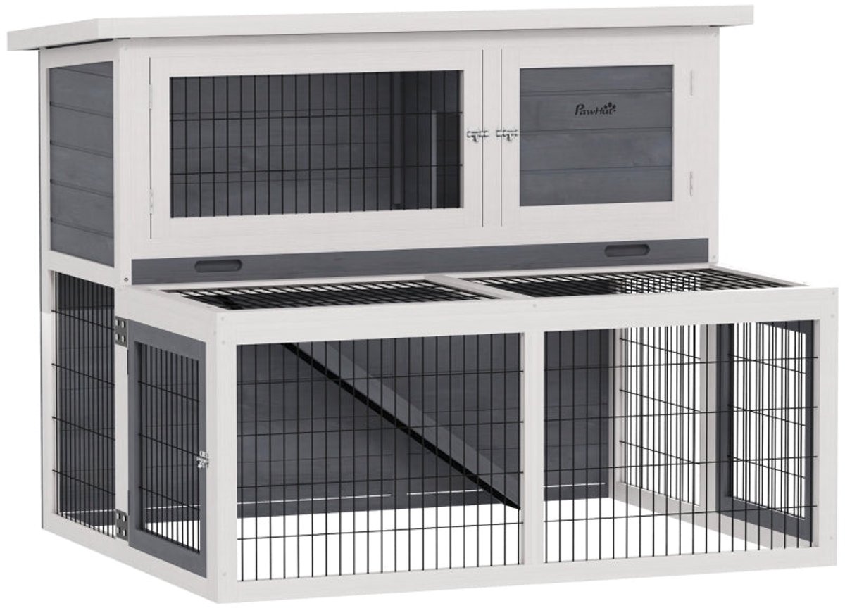 Merax Kaninrenhok Twee Verdiepingen – Houten Konijnenverblijf met Uittrekbare Lade – Weerbestendig Dak – Ruime Ren – 122×95×93,5 cm – Grijs