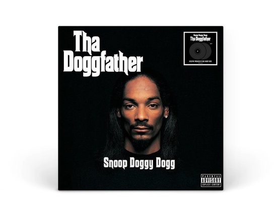 Albumcover met Snoop Doggys gezicht, getiteld 'Tha Doggfather' door Snoop Doggy Dogg.