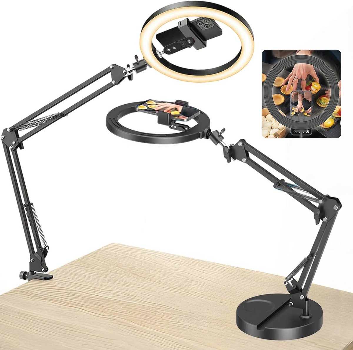 Ringlamp met statief en dubbele sokkel - Draaibaar met 3 lichtkleuren en 10 helderheidsinstellingen